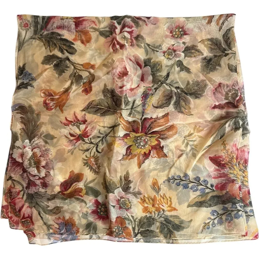 Floral Silk Blend Chiffon Square Scarf Beige Pink Blue 36” EUC